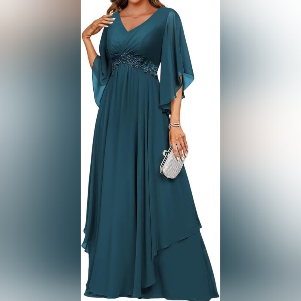 Sz 20 NWT Unbranded Spruce Green Chiffon Flutter Sleeve Gown w Corset Back